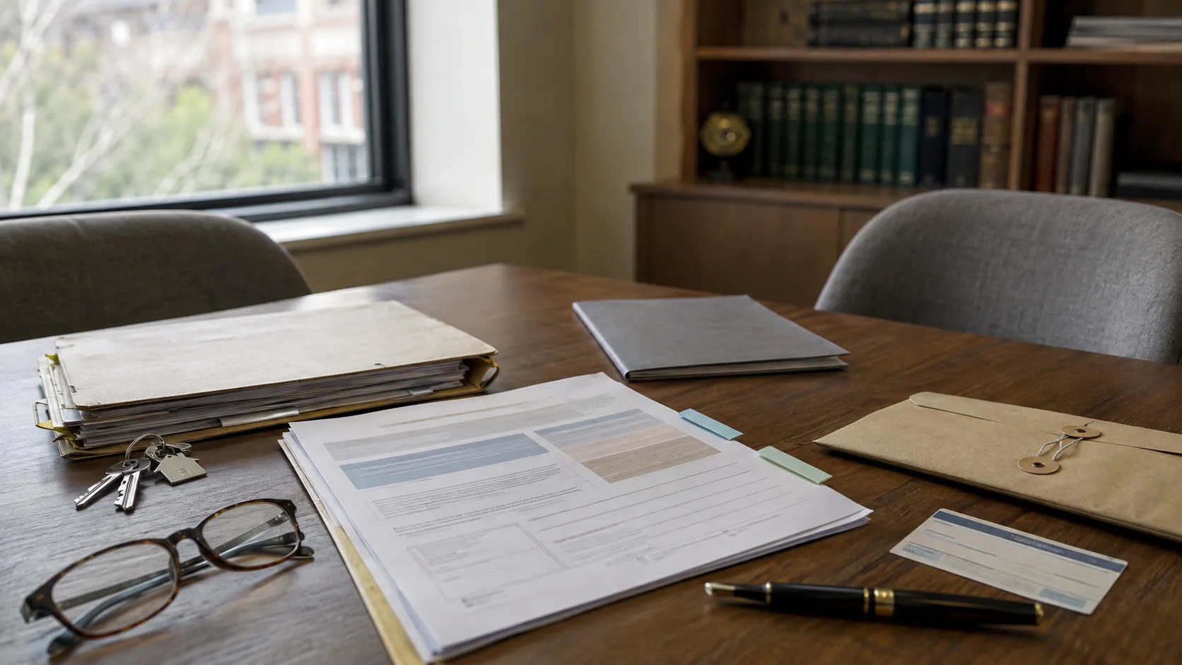 Enduring power of attorney documents, house keys and estate records arranged on a Melbourne lawyer’s table.