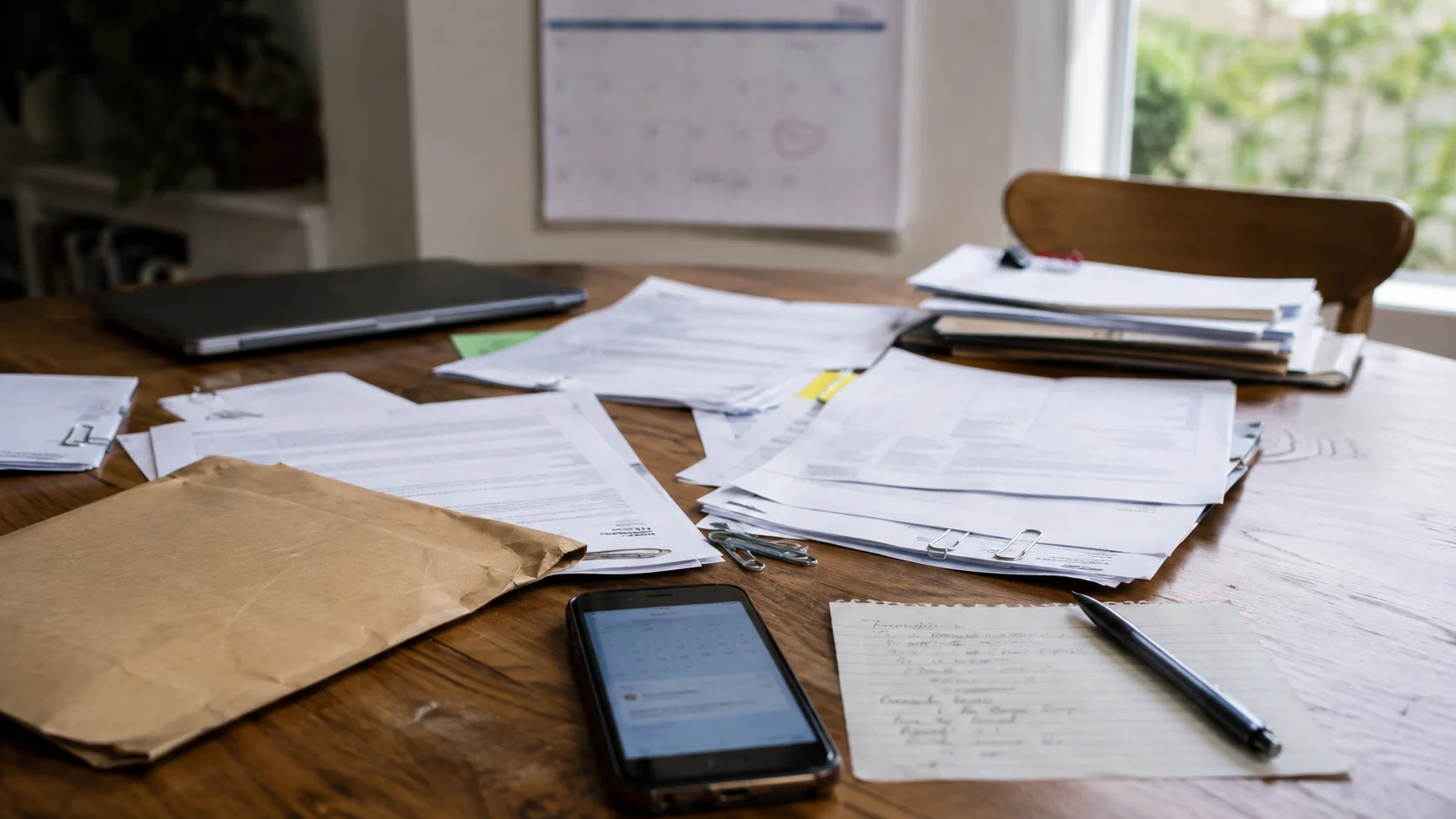Family court documents, a calendar and deadline notes arranged on a table in a Melbourne home.