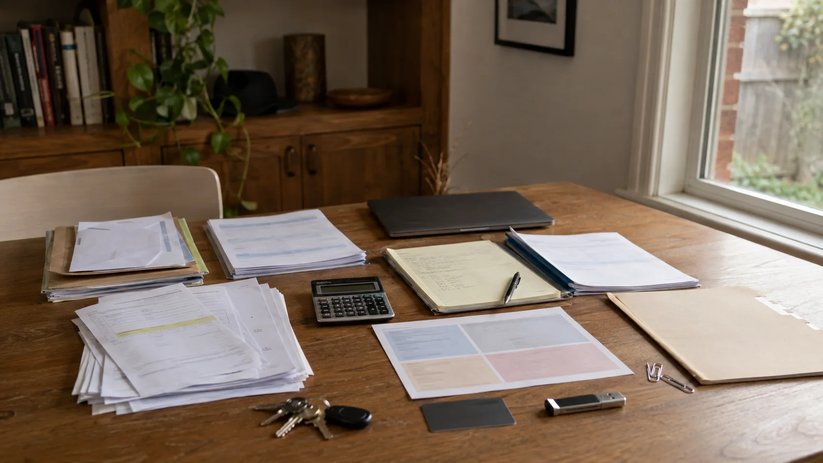 Financial statements, property records, calculator and folders organised on a table after separation.