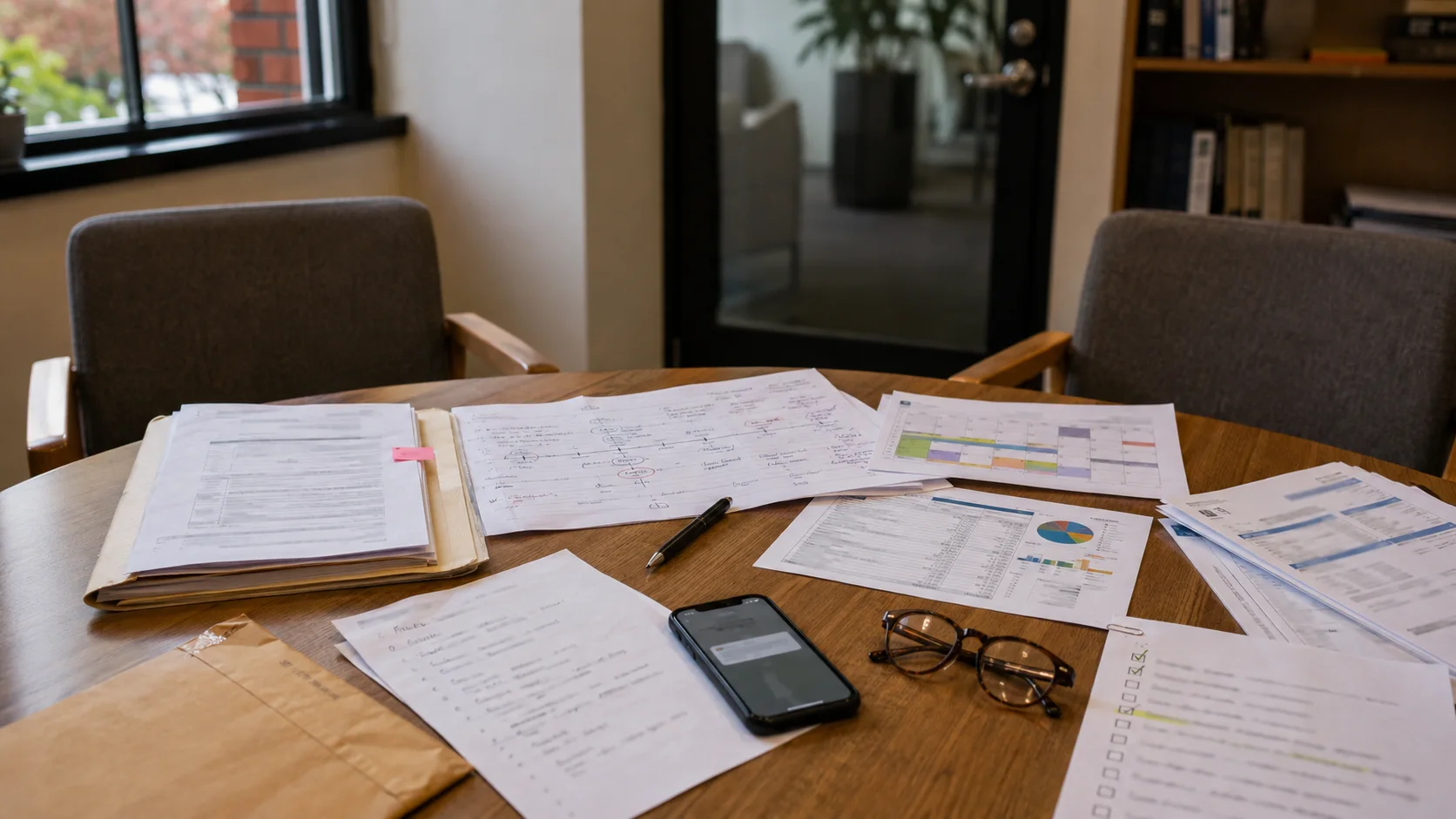 Family law documents, financial records and questions prepared on a lawyer’s consultation table.